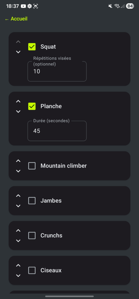 Écran du module Home training dans l'application EgaPulse